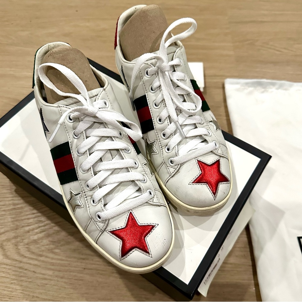 Gucci Ace Star Sneakers Size 38.5 Leather White Metallic Red Green Patchwork